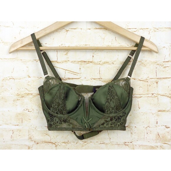 Victoria’s Secret Very Sexy Bustier Demi Bra 32C Olive Green Lace Satin Pin Up - Picture 7 of 14